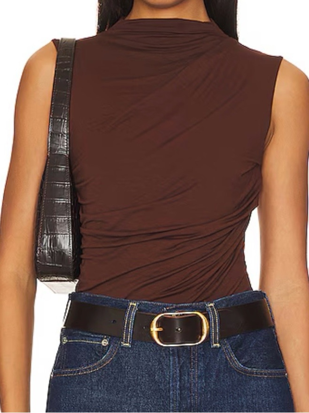 Enza Costa Twist Top Saddle Brown Sleeveless Ruched Mock Neck Top